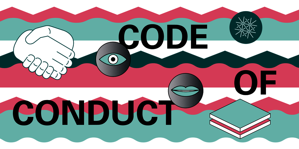 Code of Conduct Campaign Graphic, composed of the words code of conduct and some eyes, shaking hands, a mouth in front of red and green stripes.