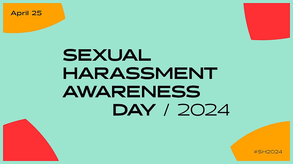 Key Visual des Sexual Harassment Awareness Day 2024 in türkis mit orangenen und roten Punkten in den vier Ecken.