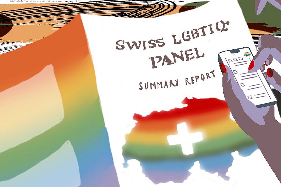 Illustration des Jahresabschlussberichtes des Schweizer LGBTIQ+ Panels. Zudem ist eine Hand einer Person sichtbar, die am Handy die Umfrage ausfüllt. 